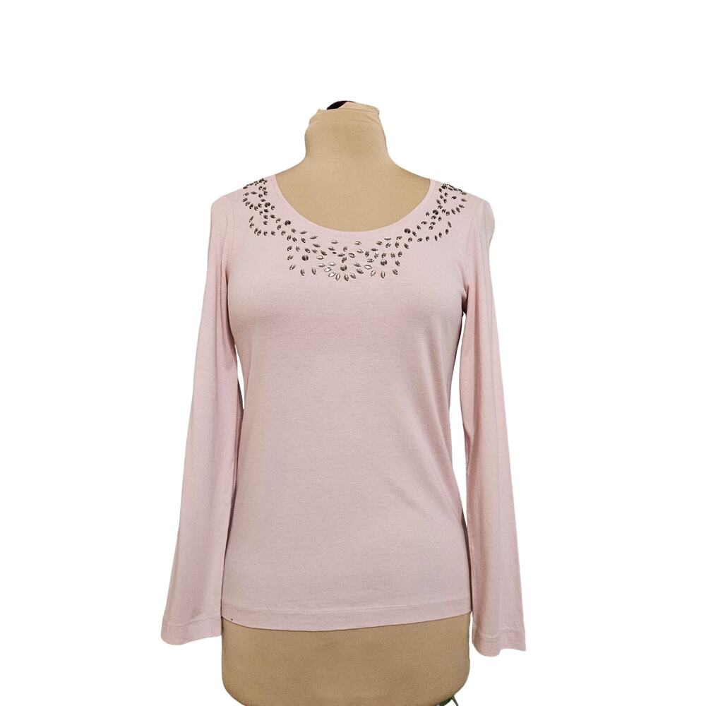 New Chico's Posh Pink‎ Dazzling Rhinestone Scoopneck Long Sleeve Embellished Top